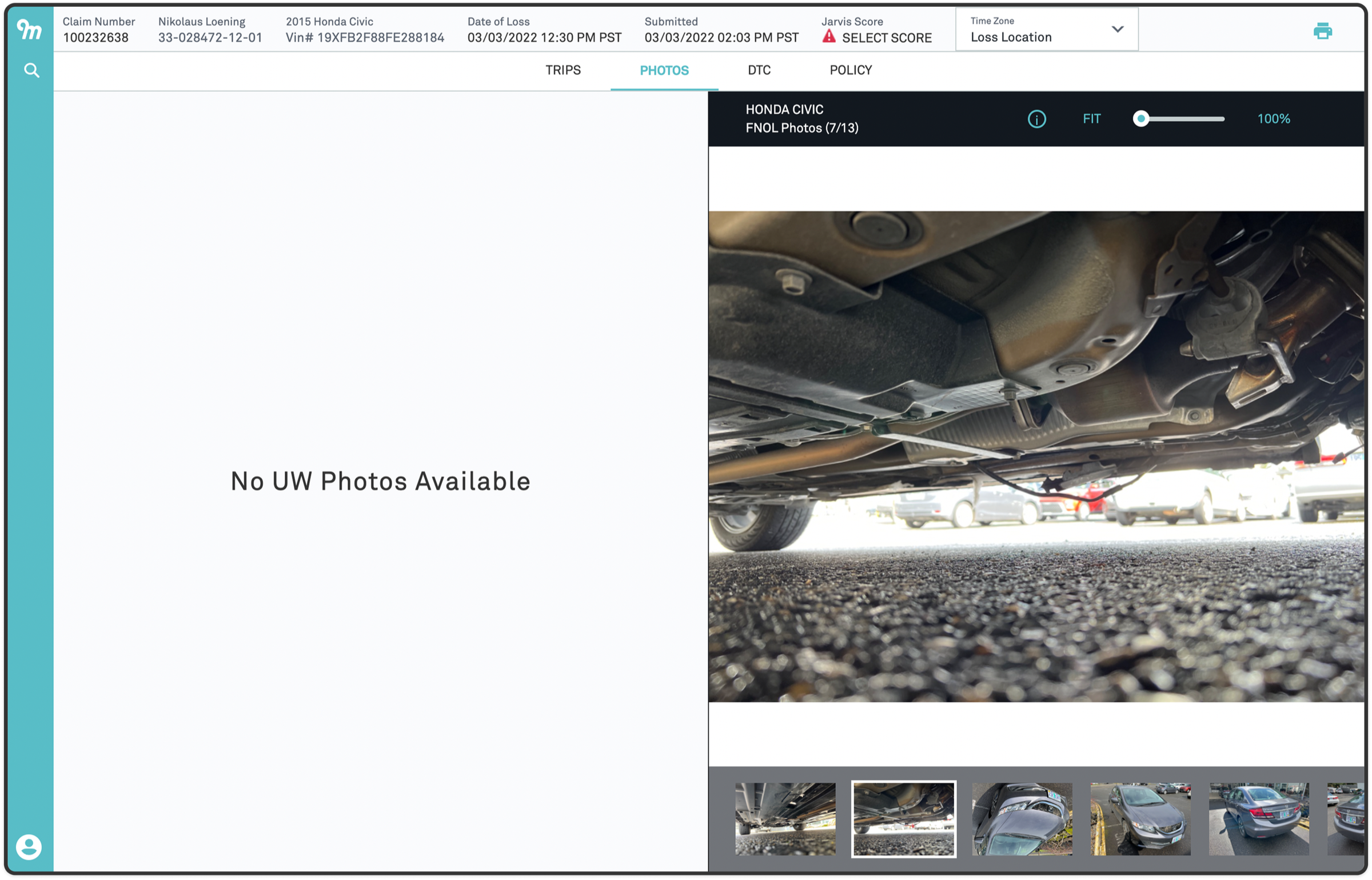 A two-panel screenshot of the legacy AVW photos interface, showing the FNOL view and the underwriting view side by side.